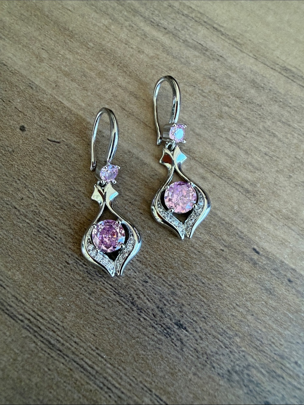 Silver-Tone Earrings with Pink Crystal Drops